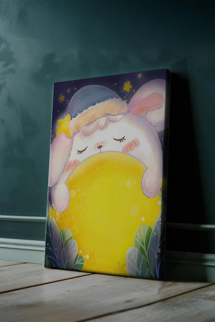 Sleepy rabbit with starry hat holding a glowing ball in a dreamy night scene