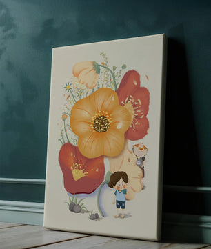 Charming Illustration of Children among Large Flowers with Playful Puppy