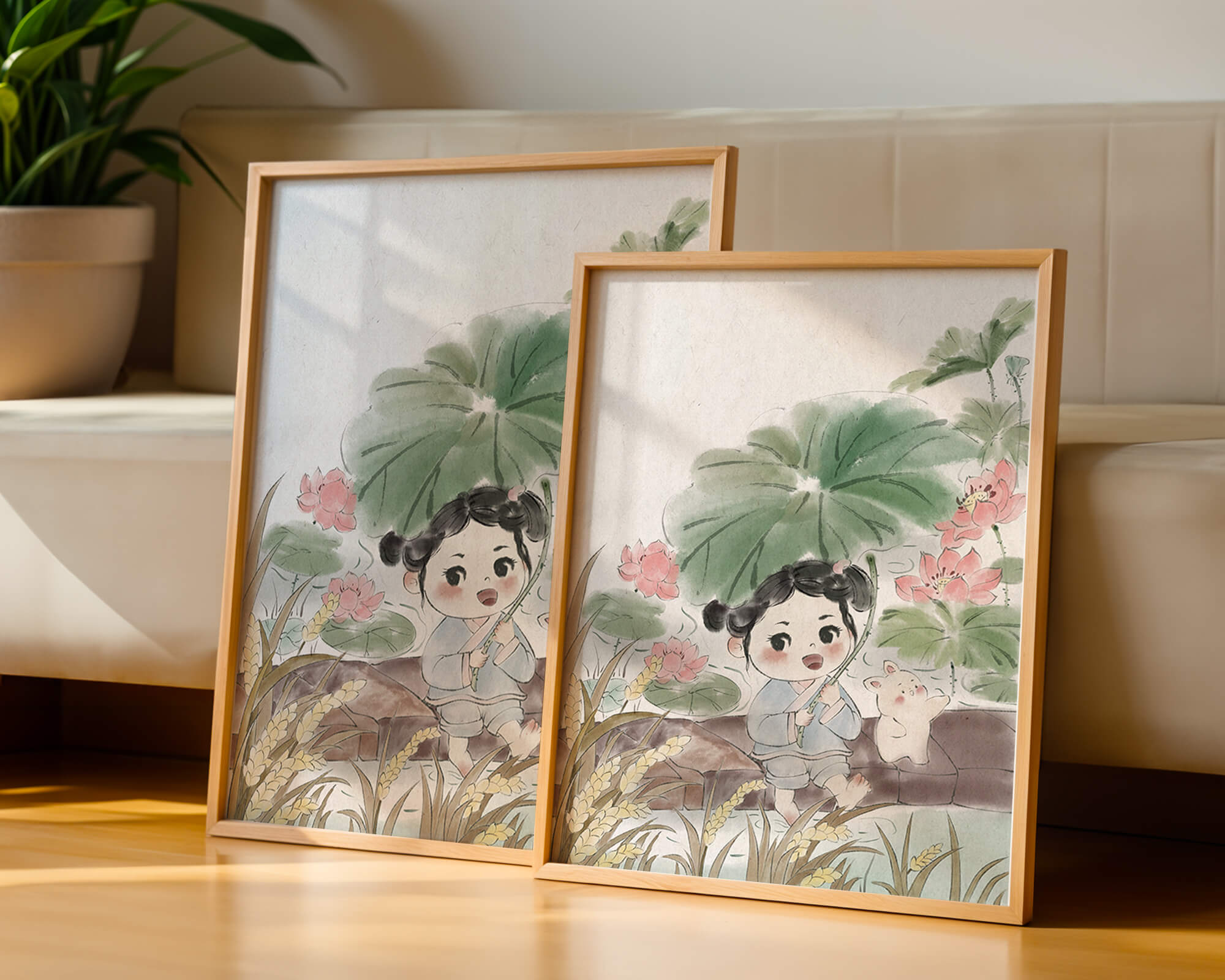 Charming illustration of a child with flowers and a bunny by the water