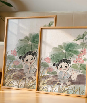 Charming illustration of a child with flowers and a bunny by the water