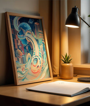 Futuristische Illustration mit VR-Thema und technologischen Elementen