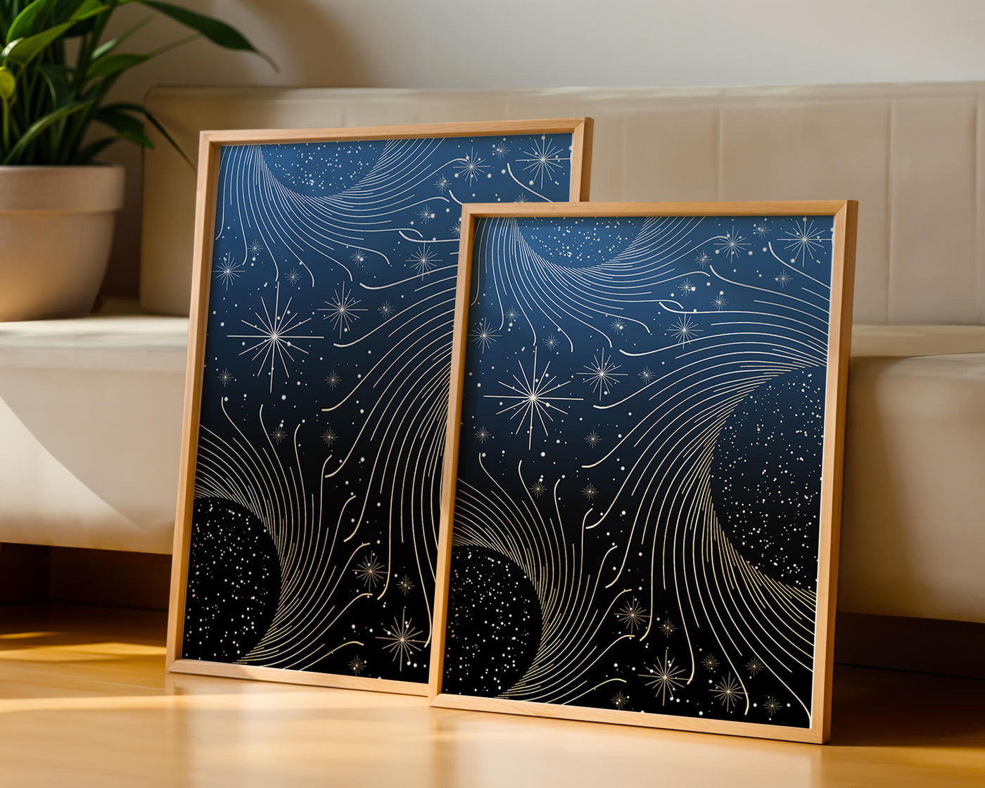 Elegant starry night with golden cosmic swirls