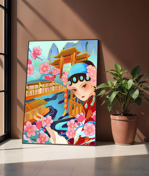 Traditional Asian art with cherry blossoms and architecture