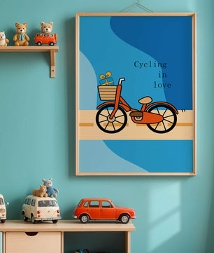 Bicicleta colorida con un regalo en la cesta sobre fondo azul