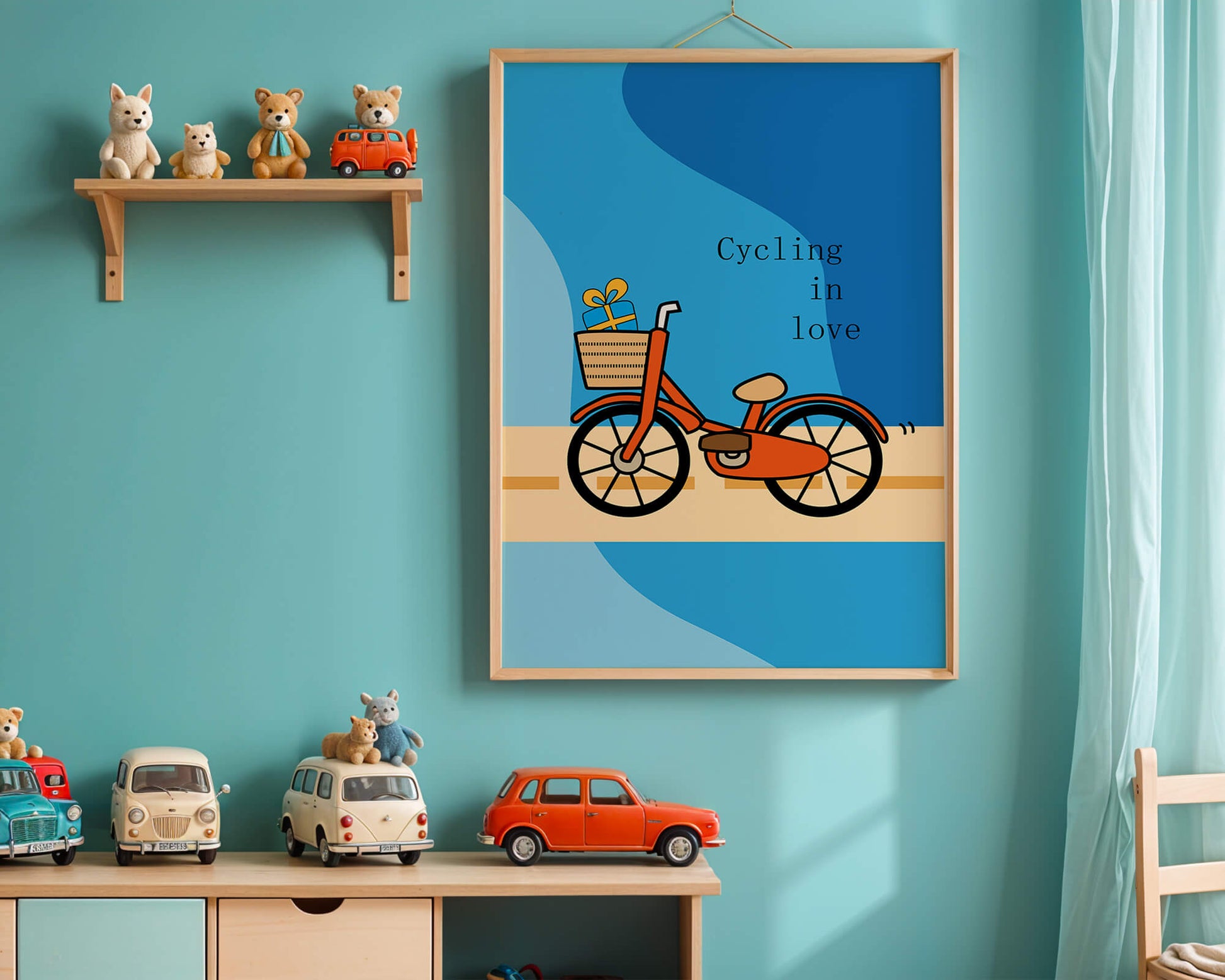 Colorful bicycle with a gift in basket against blue background