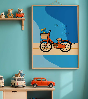 Colorful bicycle with a gift in basket against blue background