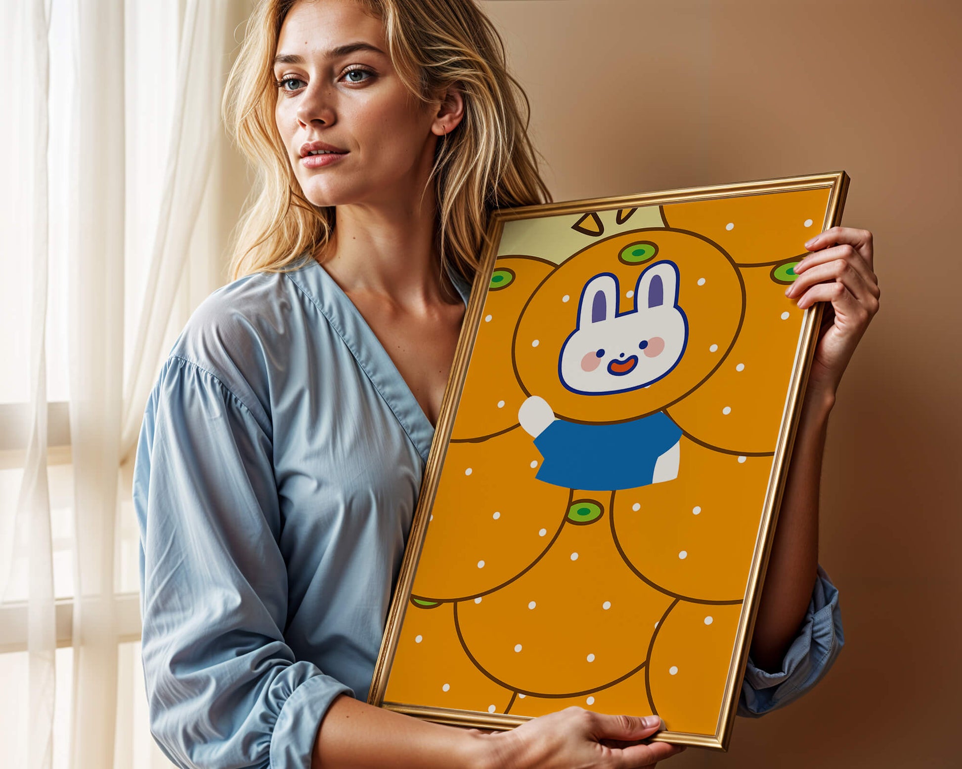 Whimsical illustration of a bunny surrounded by oranges