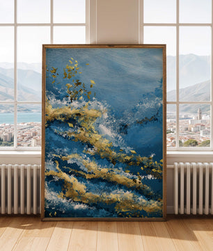 Textura abstracta en azul y dorado con patrones dinámicos