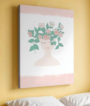 Illustration of a Minimalist Face with Floral Headpiece and Pink Background