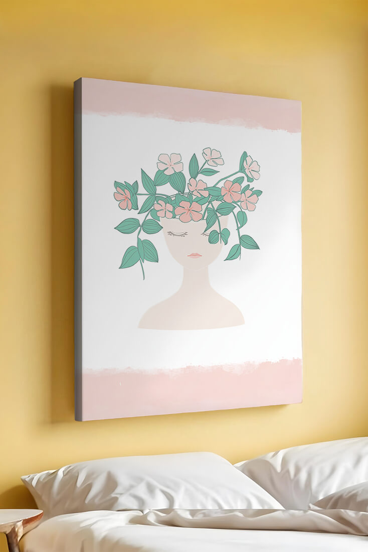 Illustration of a Minimalist Face with Floral Headpiece and Pink Background