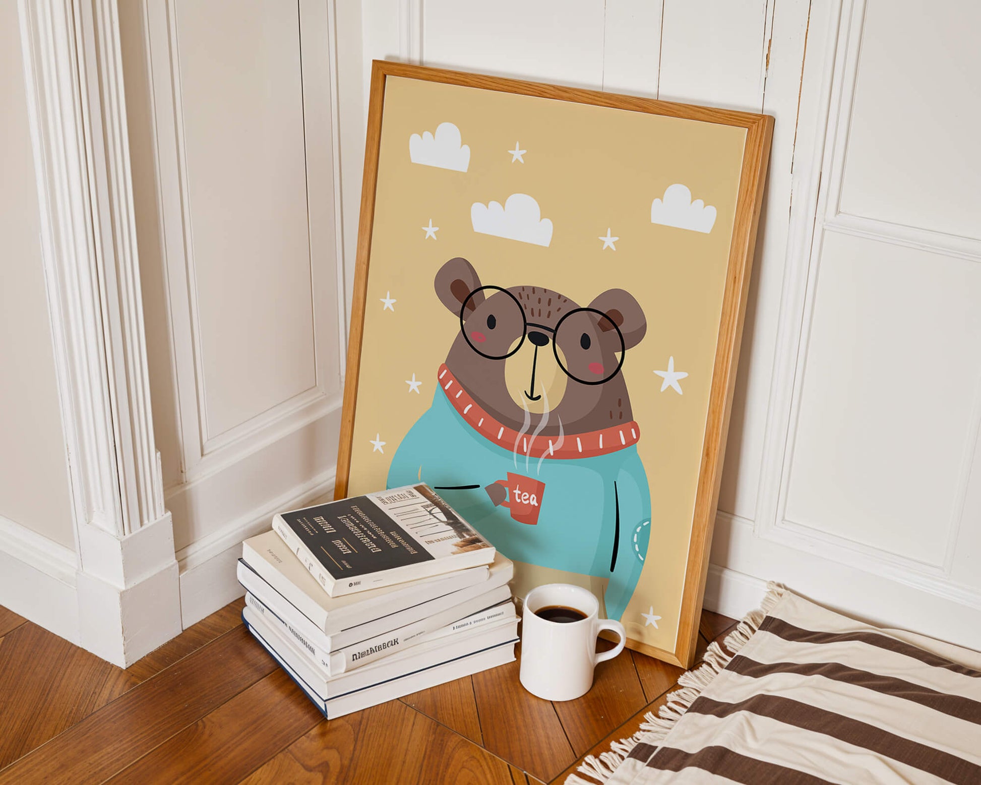 Illustration of a cozy bear enjoying tea with glasses