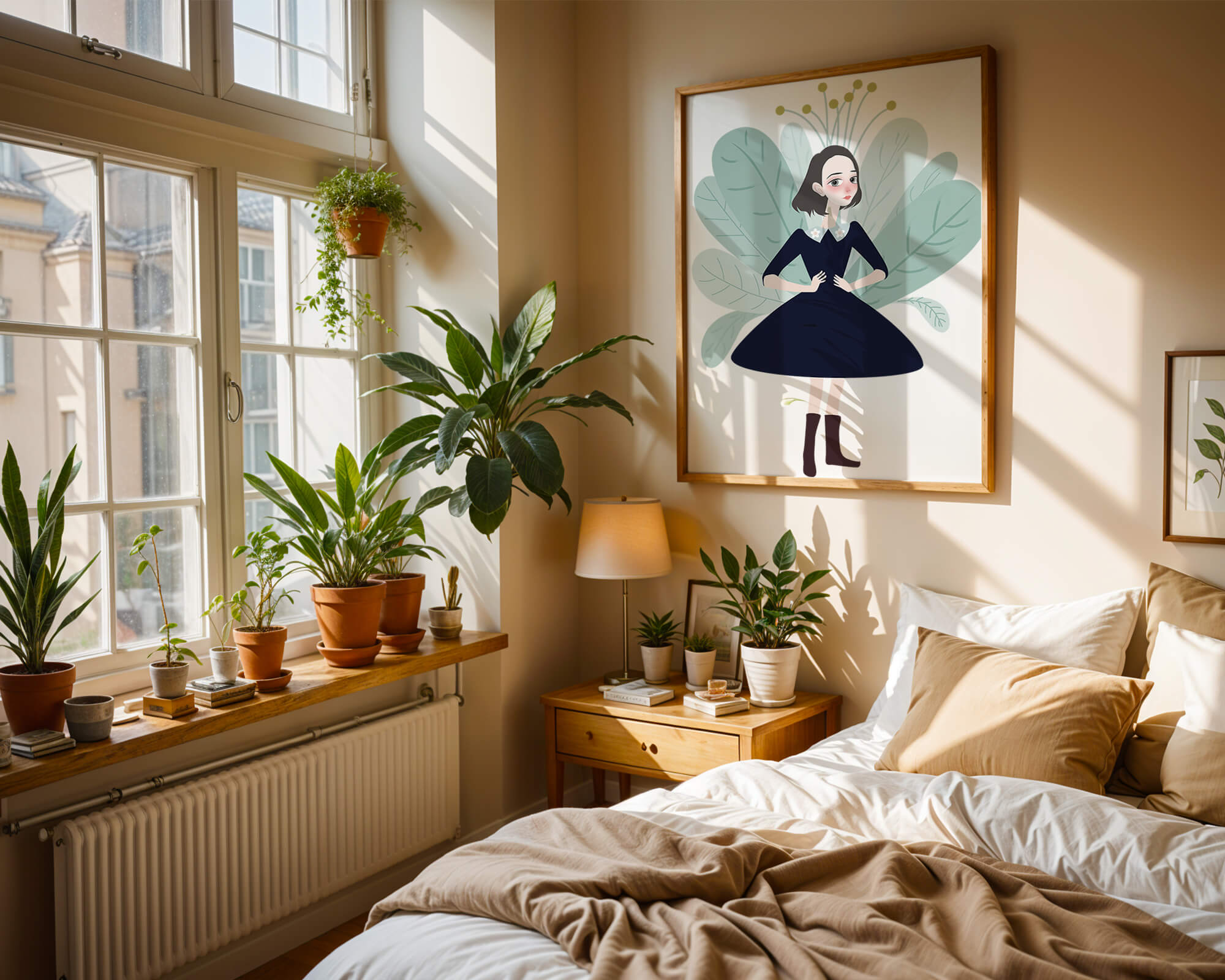 Illustration of a whimsical girl with leaves and floral elements