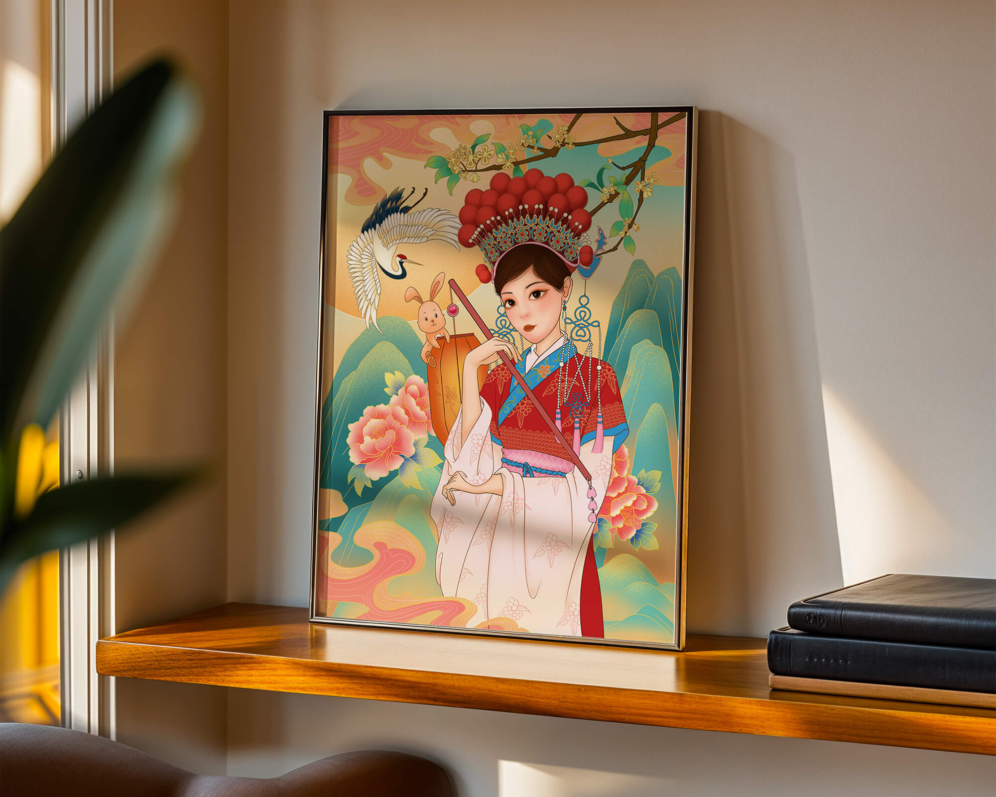 Elegant traditional Chinese illustration featuring a woman in vibrant attire with floral and animal motifs