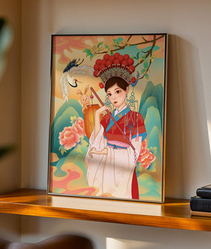 Elegante traditionelle chinesische Illustration mit einer Frau in lebendiger Kleidung mit Blumen- und Tiermotiven