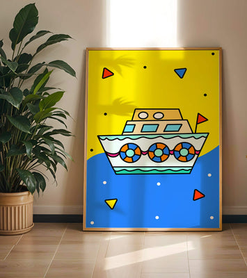 Colorful boat illustration with cartoon elements