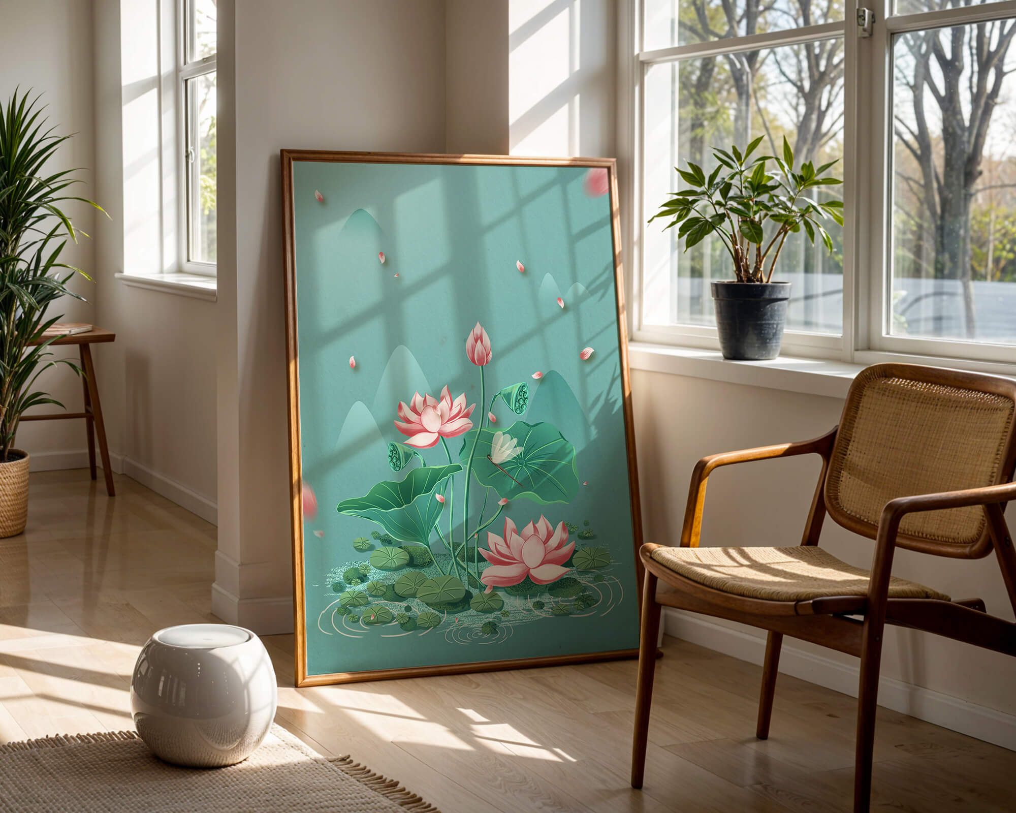 Serene illustration of lotus flowers in a tranquil pond setting with mountains