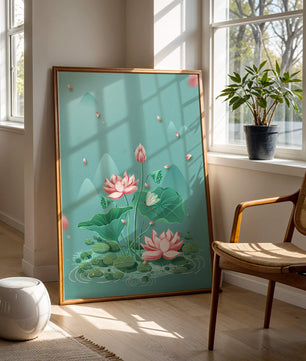 Illustration sereine de fleurs de lotus dans un étang paisible avec des montagnes