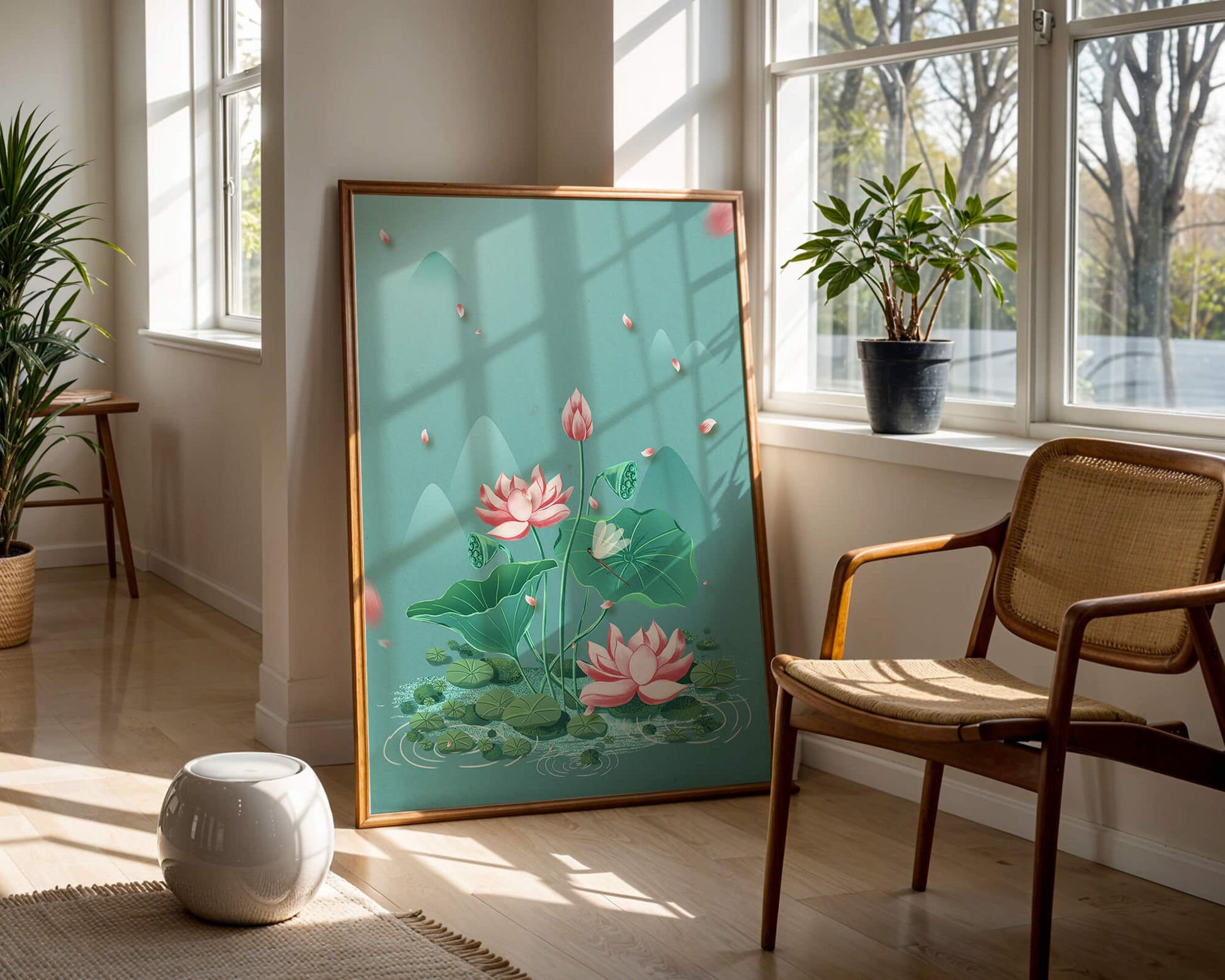 Serene illustration of lotus flowers in a tranquil pond setting with mountains
