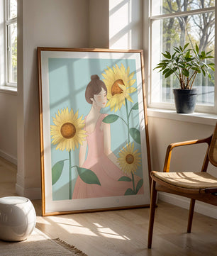 Ilustración de una mujer en un vestido rosa con girasoles
