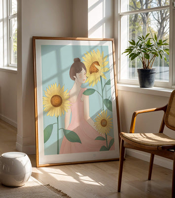 Illustration of a woman in a pink dress with sunflowers