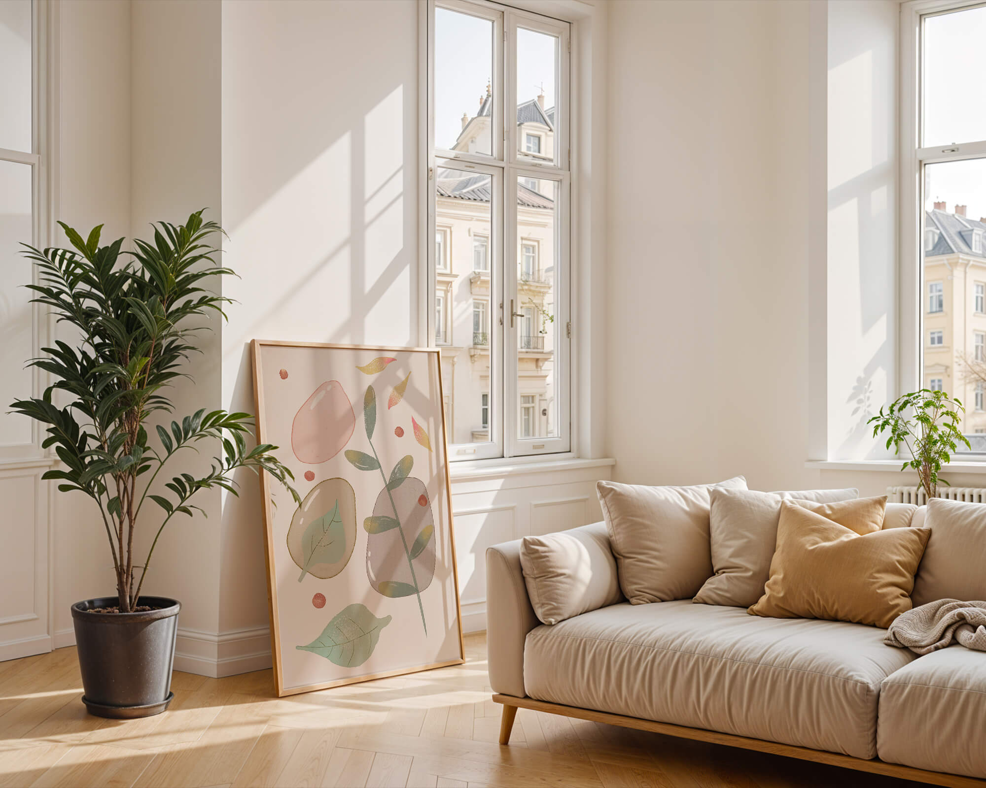 Abstract botanical illustration with pastel colored leaves and shapes