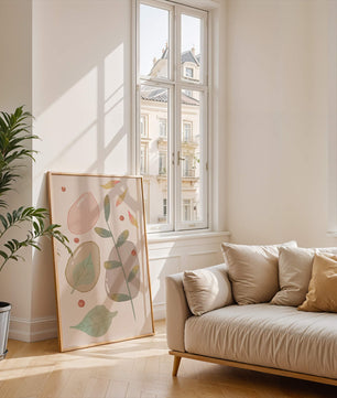 Abstract botanical illustration with pastel colored leaves and shapes