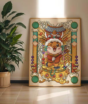Bunte Illustration eines niedlichen Tieres in traditioneller Festtagskleidung mit goldenen Elementen
