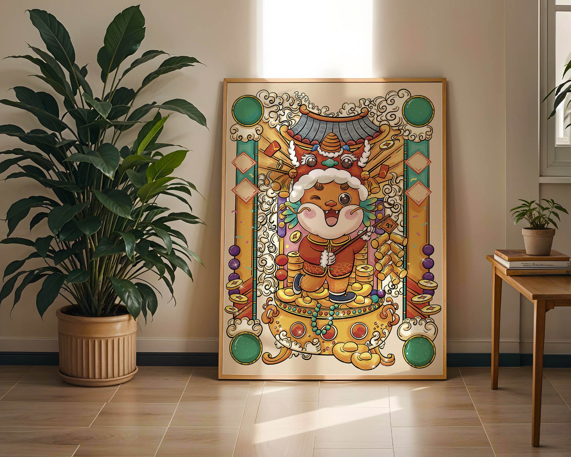 Ilustración colorida de un animal lindo en atuendo festivo tradicional con elementos dorados