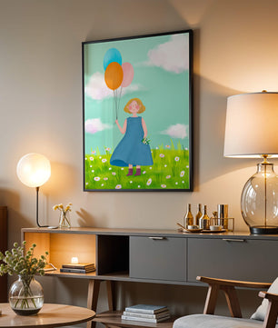 Girl with balloons in a field of daisies under a blue sky