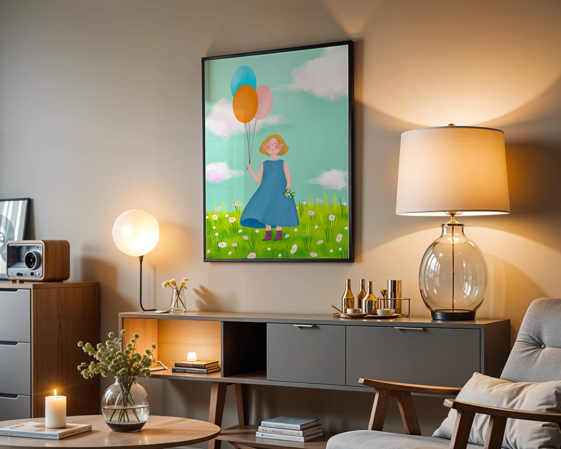 Girl with balloons in a field of daisies under a blue sky