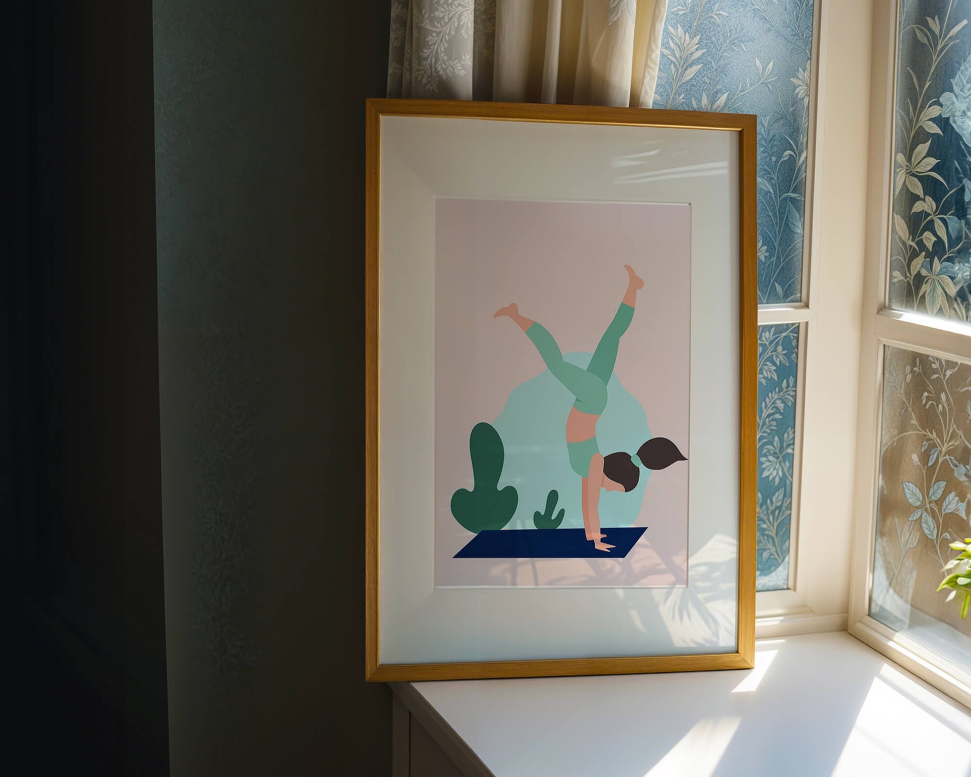 Illustration of a woman practicing yoga handstand pose