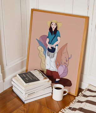 Ilustración de moda de una mujer con sombrero sobre fondo pastel
