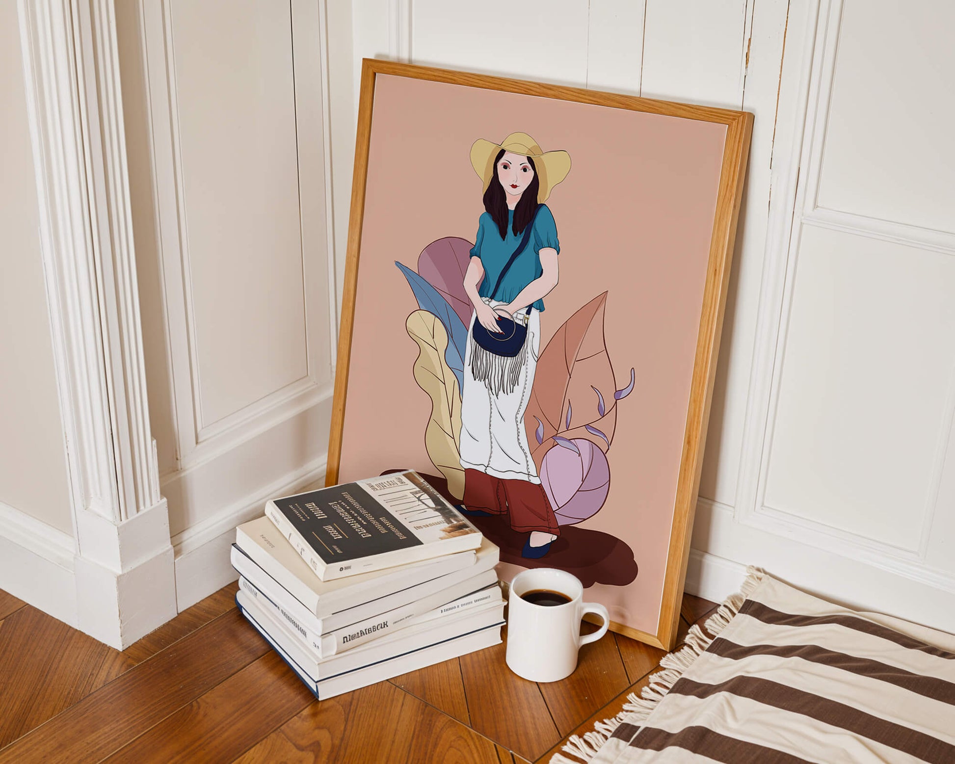 Ilustración de moda de una mujer con sombrero sobre fondo pastel