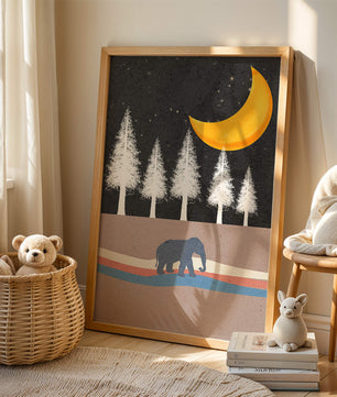 Serene Night Scene with Elephant Under Golden Moon in Forest - Mi tienda