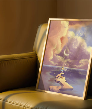 Whimsical journey on a dreamlike path beneath colorful clouds