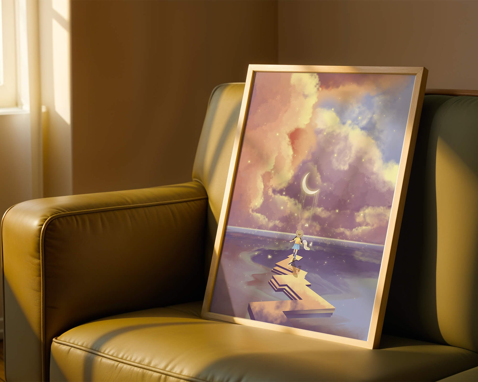 Whimsical journey on a dreamlike path beneath colorful clouds
