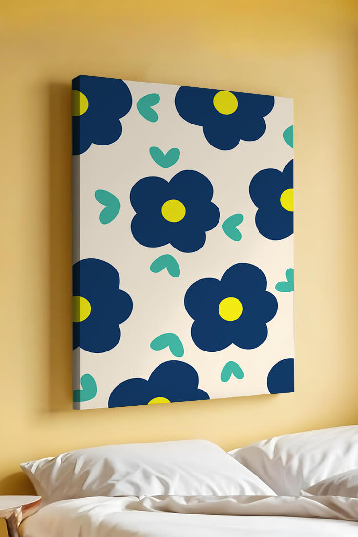 Blue floral pattern with yellow centers on cream background