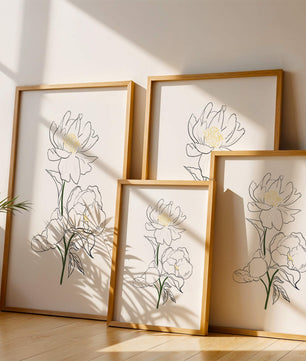 Elegante Pfingstrosen-Linienkunst mit goldenen Akzenten