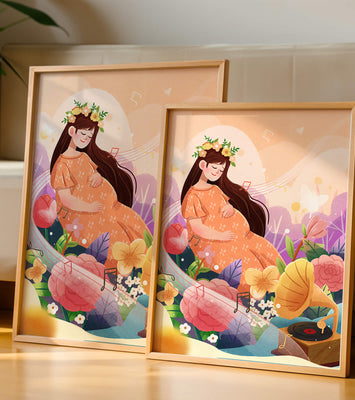 Woman in nature with flowers and musical notes