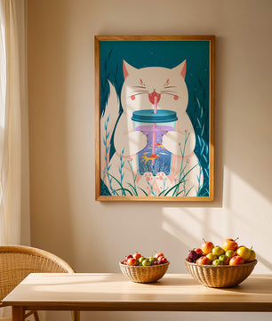 Playful cat with a fish tank tumbler in the underwater scene illustration
