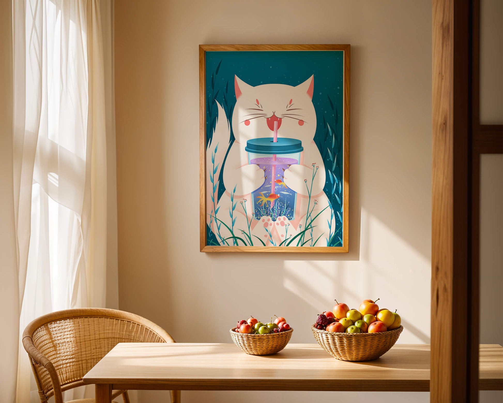Playful cat with a fish tank tumbler in the underwater scene illustration