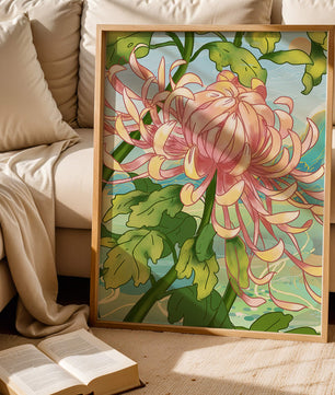 Belle illustration florale avec chrysanthème et feuilles vertes