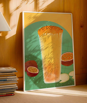 Illustrated tropical passion fruit drink with fresh slices