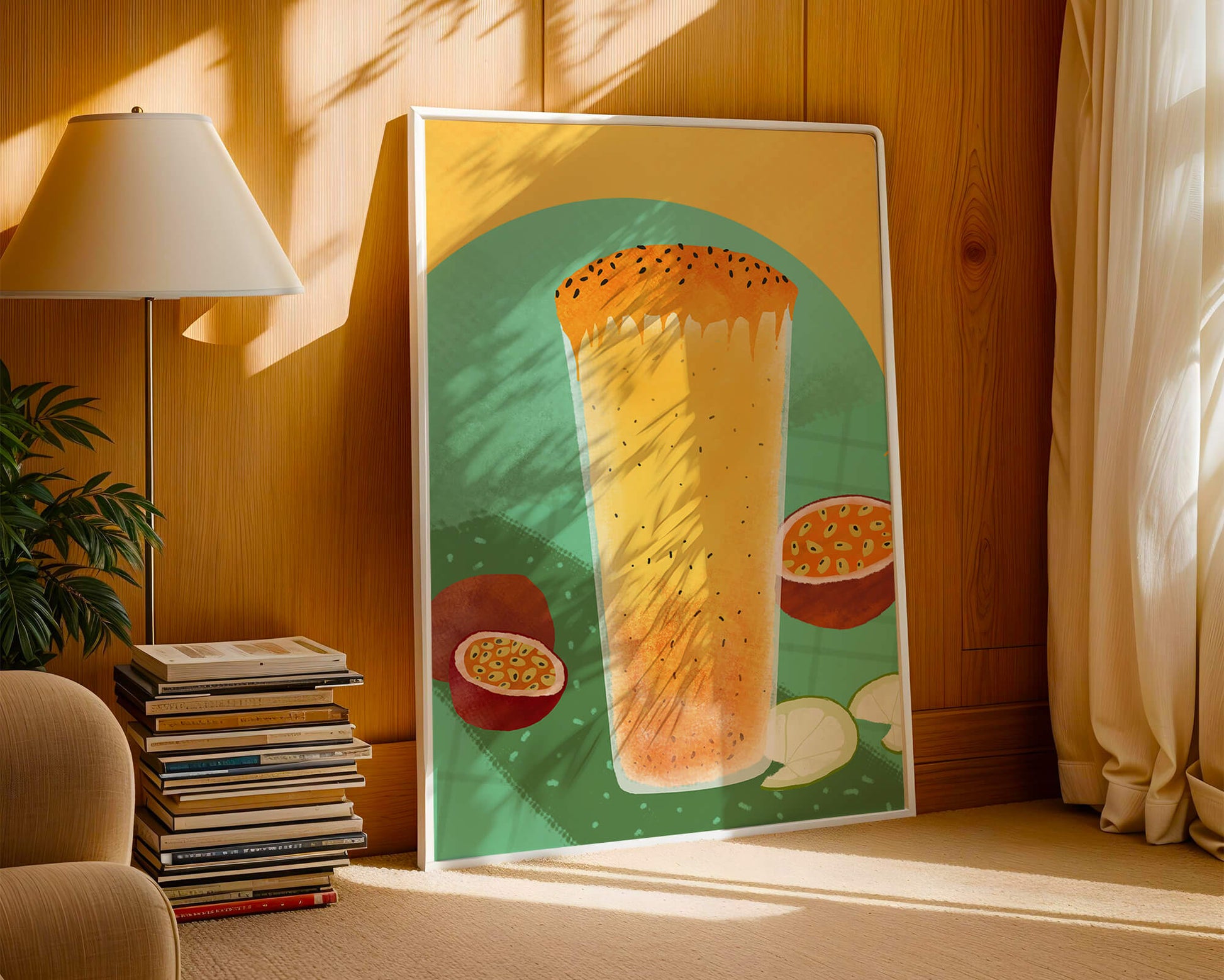 Illustrated tropical passion fruit drink with fresh slices
