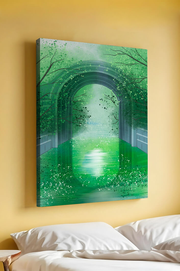 A serene green garden tunnel with reflective water