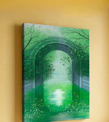 A serene green garden tunnel with reflective water