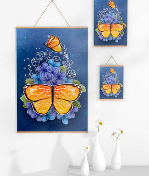 Bright butterfly with blue flowers on a starry background