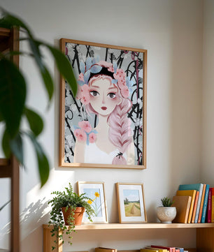 Illustration of a girl with floral headpiece against abstract floral background