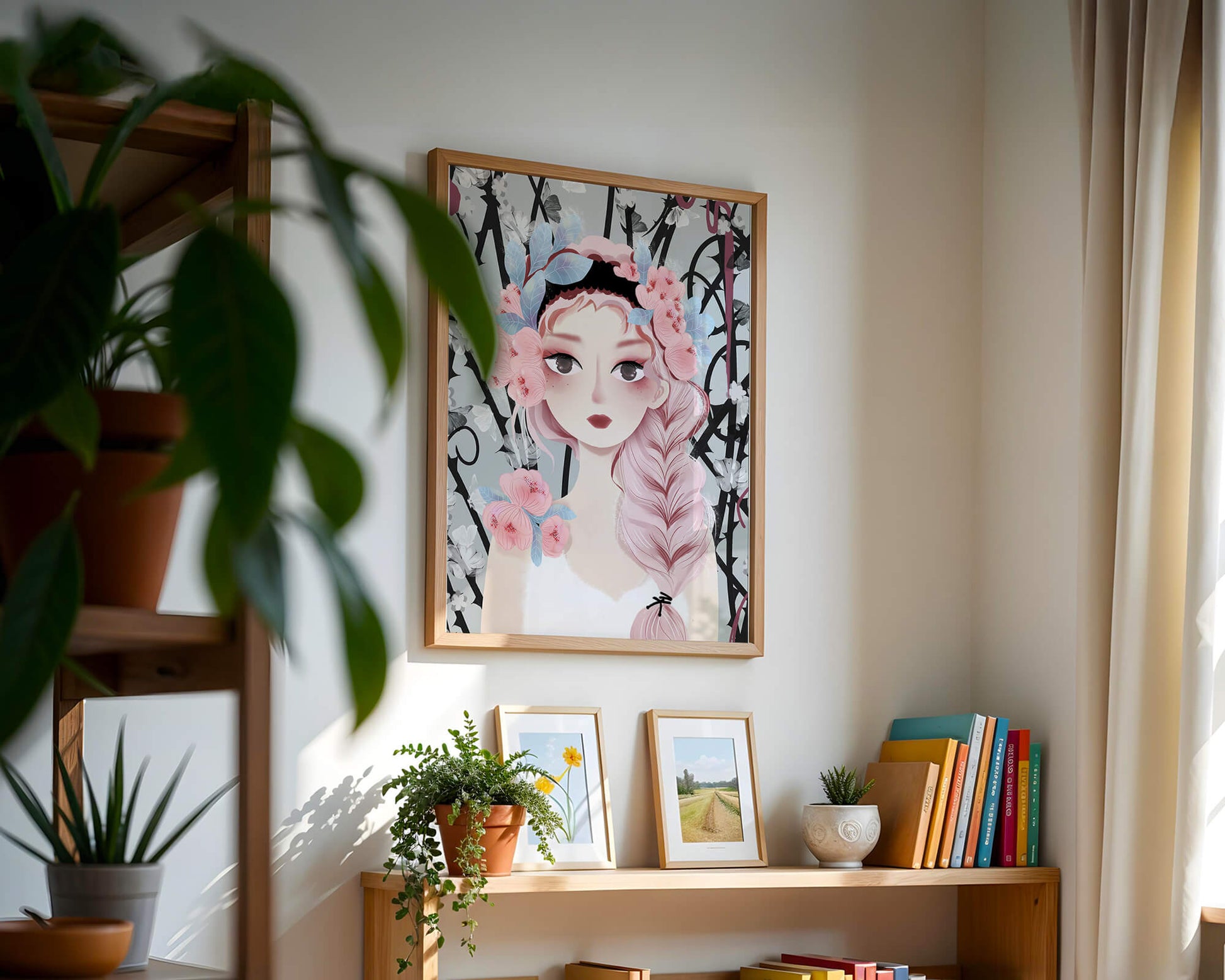 Illustration of a girl with floral headpiece against abstract floral background