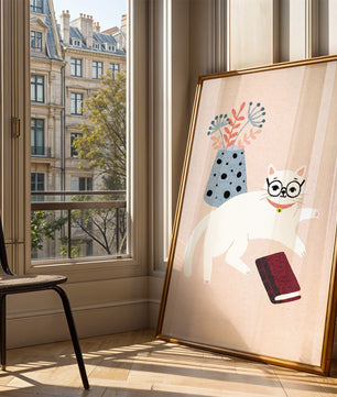 Illustration of playful cat with book and floral vase